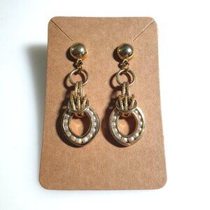 Gold Tone Dangle Stud Earrings Faux Pearl Embellished Oval Drop Vintage Design